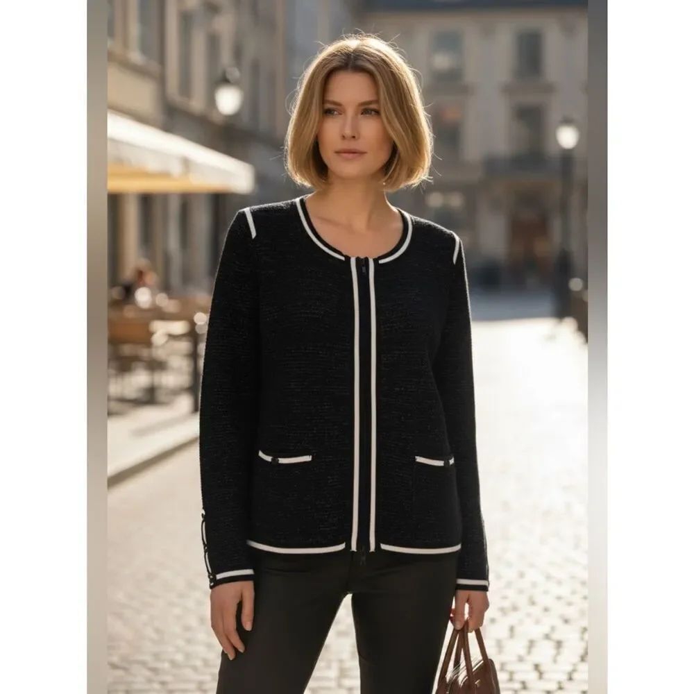 Escada Contrast Trim Metallic Threads Full Zip Knit Sweater Blazer Black XL